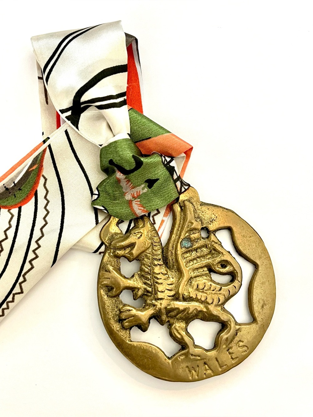 Antique Brass Horse Medallion on Twilly Scarf - Statement Necklace or Bag Charm